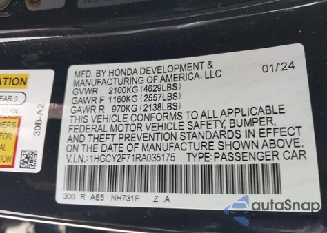 2024 Honda Accord Hybrid Sport-L from USA, damaged, VIN 1HGCY2F71RA035175